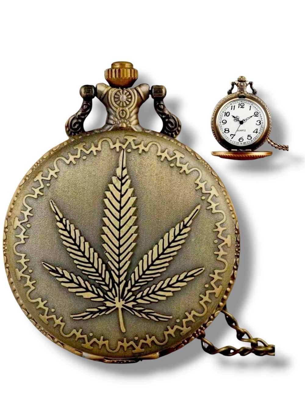 Pocket Watch Bronze Plant Leaf Long Chain Quartz Analog Retro with Gift Pouch